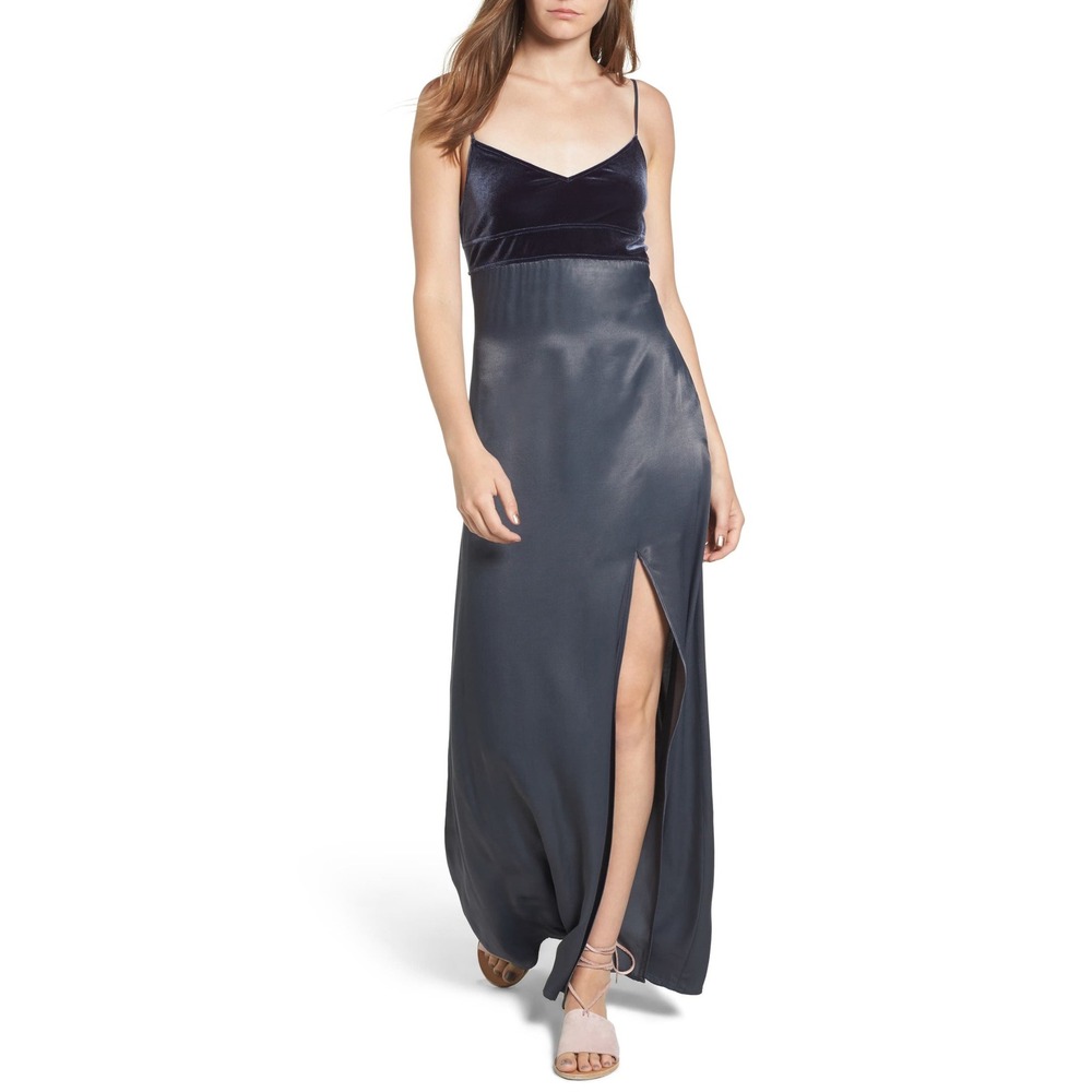 Leith Womens Velvet Satin Mix Maxi Dress Gray Cutout Back‎ 90s slip Spaghetti